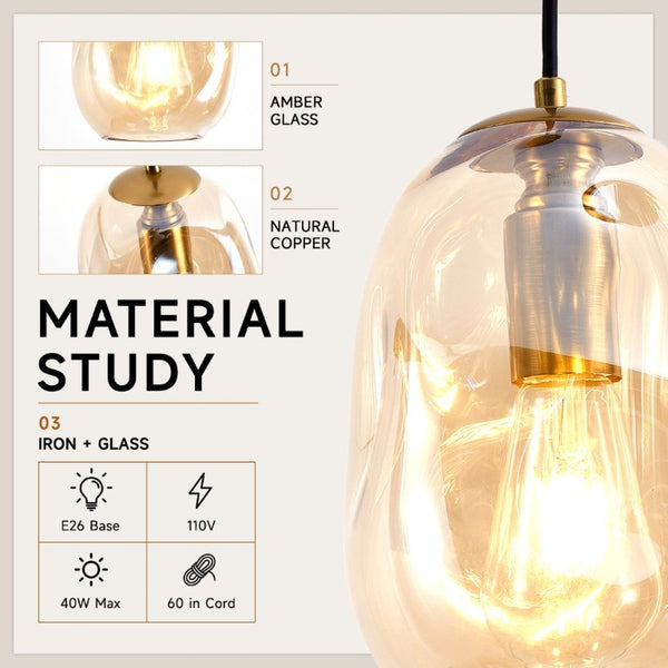 English Elm Modern Hand-Blown Organic Glass Pendant Brushed Gold Fixture for Kitchen or Dining W2312P545506