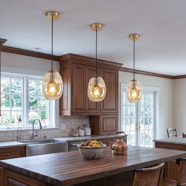 English Elm Modern Hand-Blown Organic Glass Pendant Brushed Gold Fixture for Kitchen or Dining W2312P545506