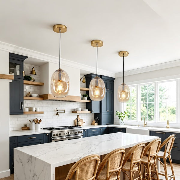 English Elm 2 Hand Blown Wavy Clear Glass Pendant Lights Brass Finish for Kitchen Island or Dining W2312P545507