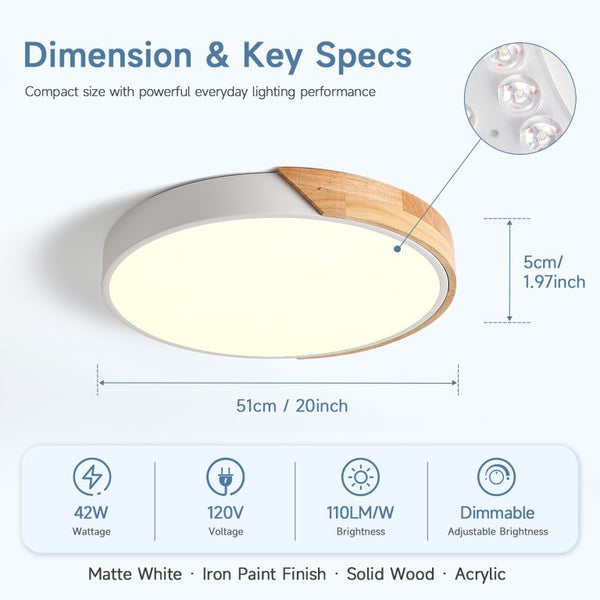 English Elm Led Flush Mount Ceiling Fixture 20 Inch Wood Accent Dimmable 42W Modern Living Room W2312P545519