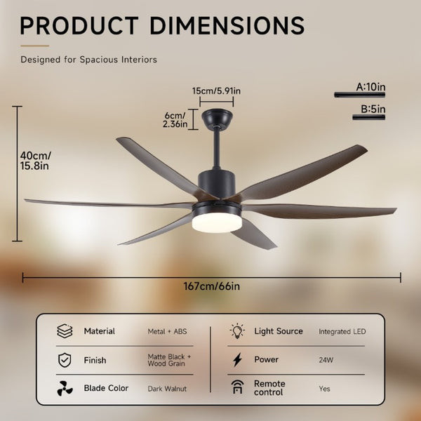 English Elm 6 Blade 66 Inch Matte Black Ceiling Fan Dimmable LED Kit for Large Indoor Spaces W2312P545542