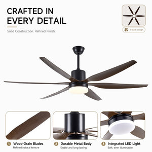 English Elm 6 Blade 66 Inch Matte Black Ceiling Fan Dimmable LED Kit for Large Indoor Spaces W2312P545542