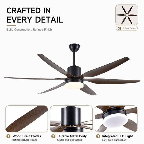 English Elm 6 Blade 66 Inch Matte Black Ceiling Fan Dimmable LED Kit for Large Indoor Spaces W2312P545542