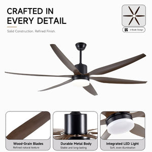 English Elm Large 74 Inch Six Blade Ceiling Fan with LED Light Remote Control for Living Room W2312P545543