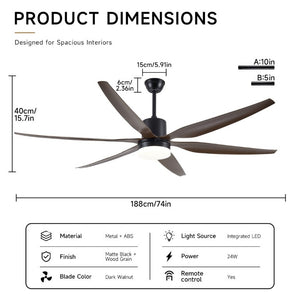English Elm Large 74 Inch Six Blade Ceiling Fan with LED Light Remote Control for Living Room W2312P545543
