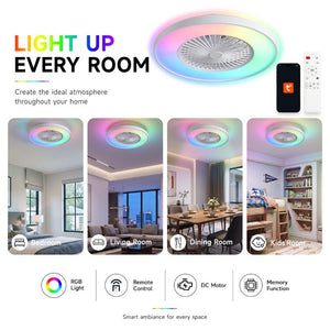 English Elm 2-In-1 Flush Mount Ceiling Fan with RGB Smart Light Caged Safety DC Motor for Kids W2312P545549
