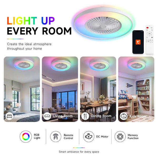 English Elm 2-In-1 Flush Mount Ceiling Fan with RGB Smart Light Caged Safety DC Motor for Kids W2312P545549