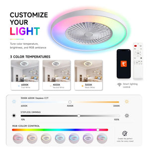 English Elm 24 Inch Bladeless Flush Mount Ceiling Fan with RGB LED Smart Voice App Control W2312P545550