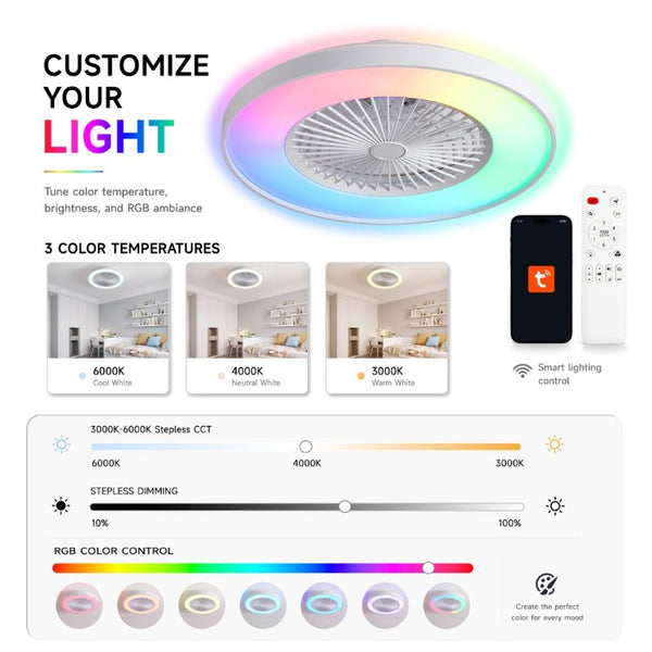 English Elm 24 Inch Bladeless Flush Mount Ceiling Fan with RGB LED Smart Voice App Control W2312P545550