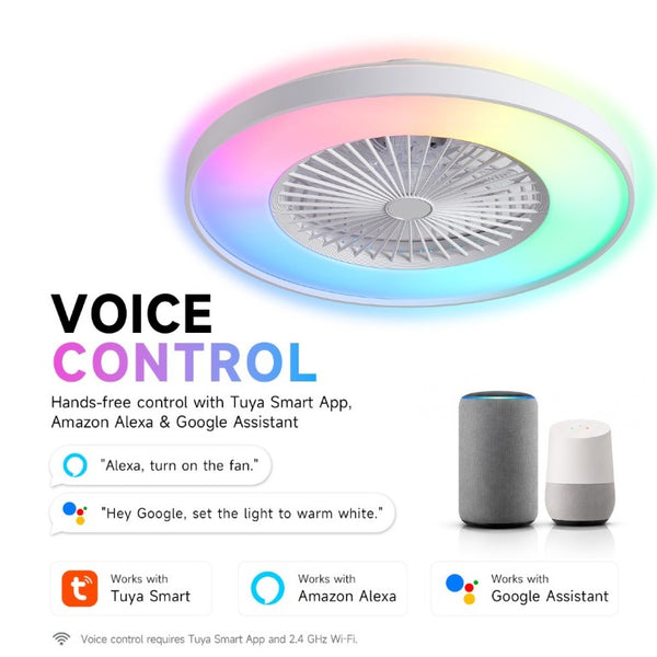 English Elm 24 Inch Bladeless Flush Mount Ceiling Fan with RGB LED Smart Voice App Control W2312P545550
