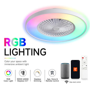 English Elm 24 Inch Bladeless Flush Mount Ceiling Fan with RGB LED Smart Voice App Control W2312P545550