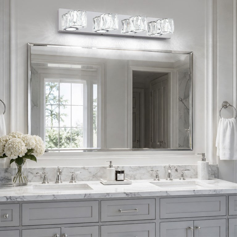 English Elm Modern Chrome Vanity Light Four K9 Crystal Shades 27 Inch LED Bathroom Wall Fixture W2312P545552