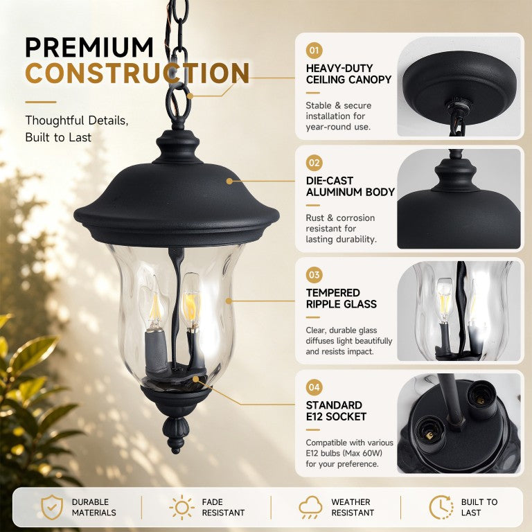 English Elm Outdoor Sand Black Aluminum Glass Pendant Lantern IP44 Weatherproof Porch Patio Light W2312P557295