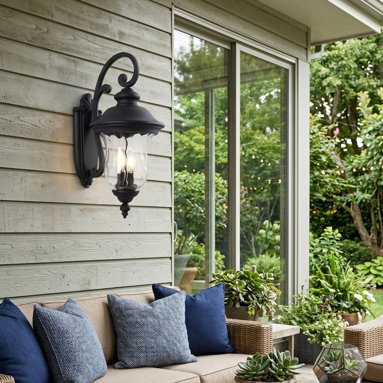 English Elm Outdoor Aluminum Two Light Wall Lantern Ripple Glass Sand Black Porch Fixture W2312P557297