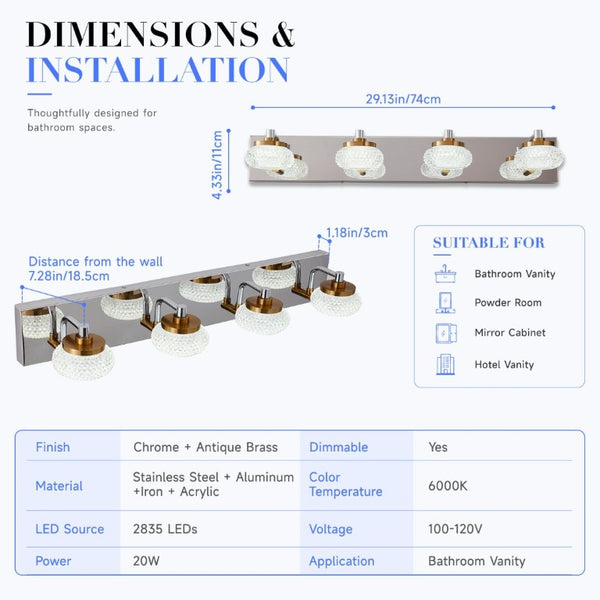 English Elm Dimmable 4 Light Vanity Sconce Chrome Brass Industrial Bath Wall Fixture CRI 90 W2312P558157