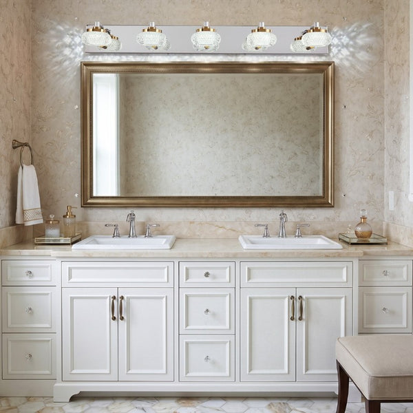 English Elm 37In Five Light Dimmable Vanity Bar Chrome Gold Finish with Acrylic Shades for Bathroom W2312P558158