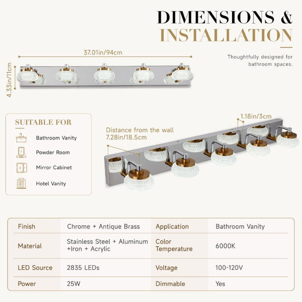 English Elm 37In Five Light Dimmable Vanity Bar Chrome Gold Finish with Acrylic Shades for Bathroom W2312P558158