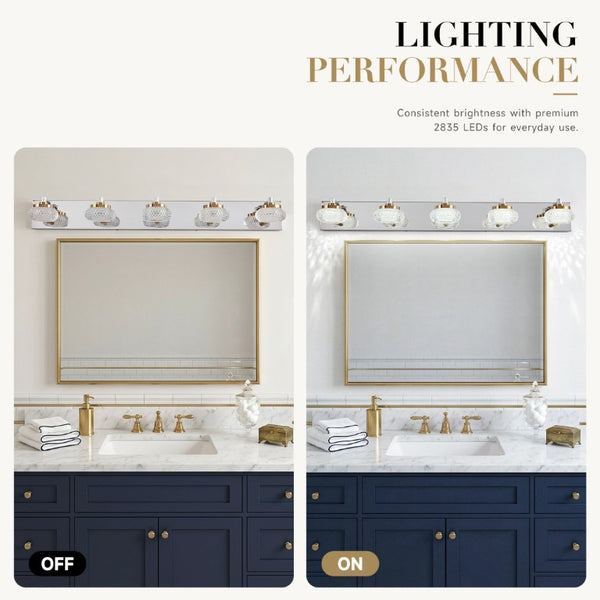 English Elm 37In Five Light Dimmable Vanity Bar Chrome Gold Finish with Acrylic Shades for Bathroom W2312P558158