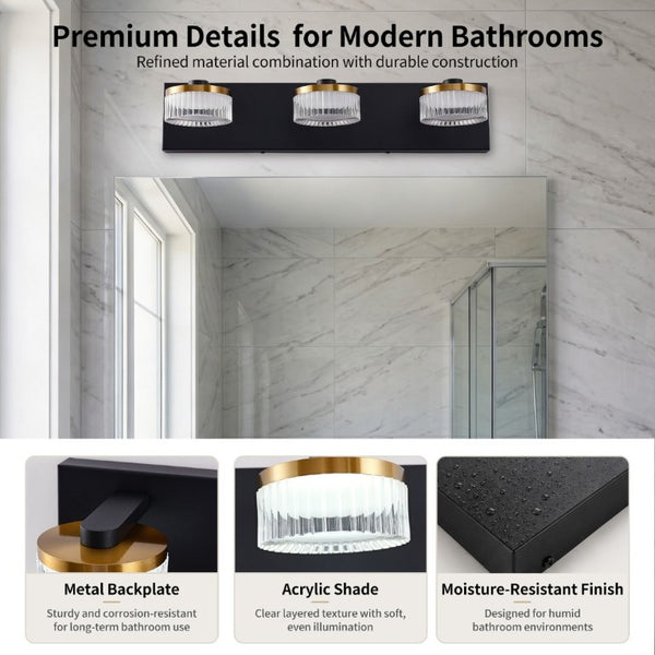 English Elm Dimmable 3 Light Vanity Sconce Matte Black Brass Finish Modern Industrial Bath Wall W2312P558159