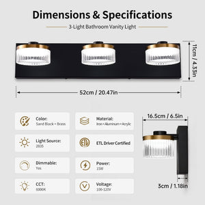 English Elm Dimmable 3 Light Vanity Sconce Matte Black Brass Finish Modern Industrial Bath Wall W2312P558159