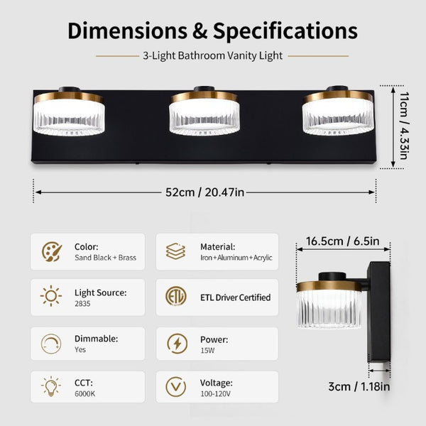 English Elm Dimmable 3 Light Vanity Sconce Matte Black Brass Finish Modern Industrial Bath Wall W2312P558159