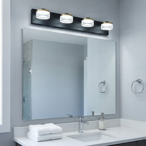 English Elm 4 Light Gold Black Vanity Bar with Water Ripple Glass Dimmable Modern Bath Fixture W2312P558160