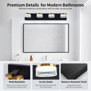 English Elm 4 Light Gold Black Vanity Bar with Water Ripple Glass Dimmable Modern Bath Fixture W2312P558160