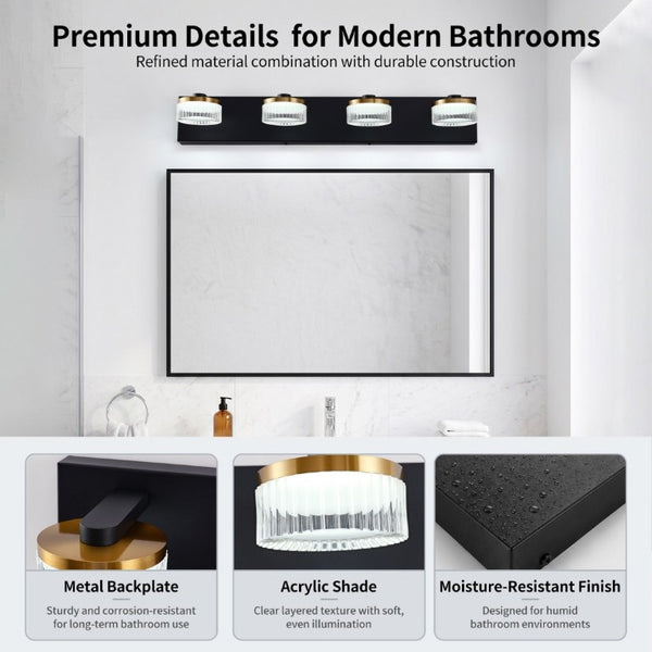 English Elm 4 Light Gold Black Vanity Bar with Water Ripple Glass Dimmable Modern Bath Fixture W2312P558160