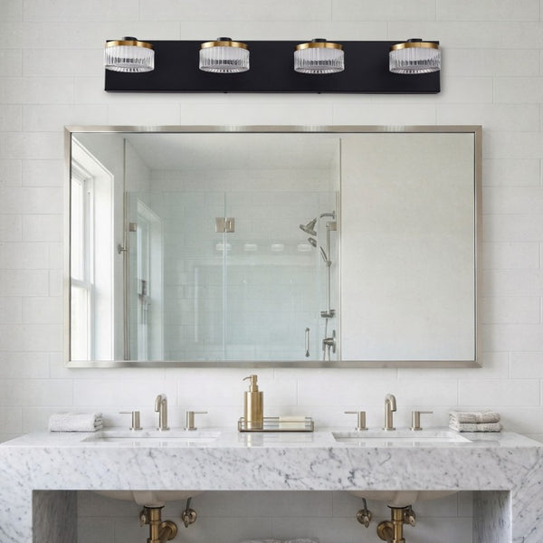 English Elm 4 Light Gold Black Vanity Bar with Water Ripple Glass Dimmable Modern Bath Fixture W2312P558160