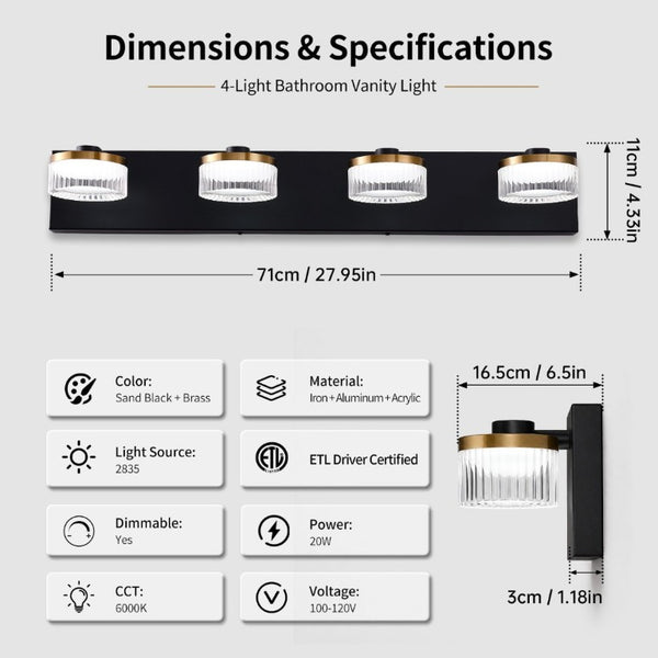 English Elm 4 Light Gold Black Vanity Bar with Water Ripple Glass Dimmable Modern Bath Fixture W2312P558160