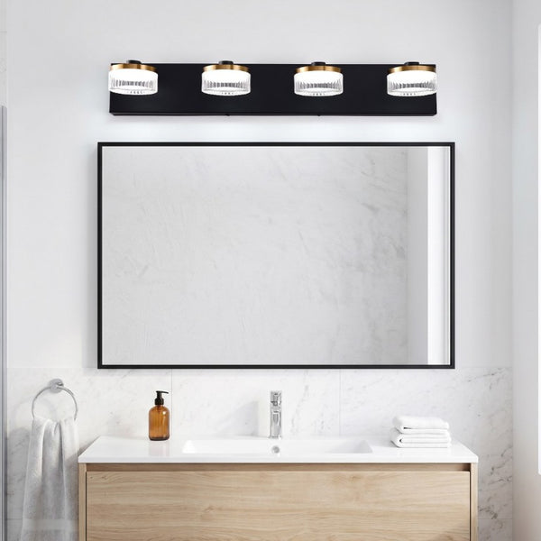 English Elm 4 Light Gold Black Vanity Bar with Water Ripple Glass Dimmable Modern Bath Fixture W2312P558160
