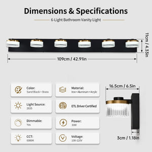 English Elm 6 Light Gold Black Vanity Bar Dimmable LED Acrylic Ball Shades Modern Bath Fixture W2312P558162
