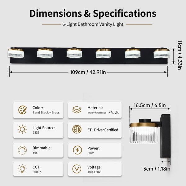 English Elm 6 Light Gold Black Vanity Bar Dimmable LED Acrylic Ball Shades Modern Bath Fixture W2312P558162