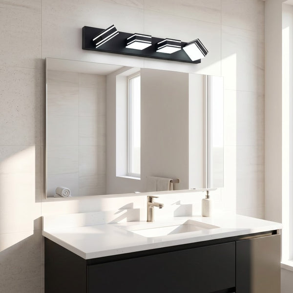 English Elm Modern Matte Black Four Head Vanity Light Acrylic Diffuser Hardwired Bath Fixture W2312P558164
