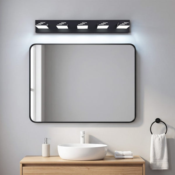 English Elm 5-Light Matte Black LED Vanity Bar Adjustable Heads Cool White Bathroom Wall Fixture W2312P558173