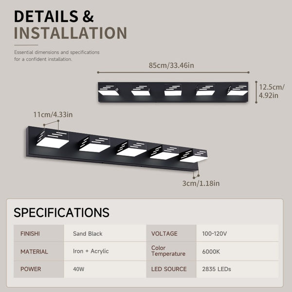 English Elm 5-Light Matte Black LED Vanity Bar Adjustable Heads Cool White Bathroom Wall Fixture W2312P558173