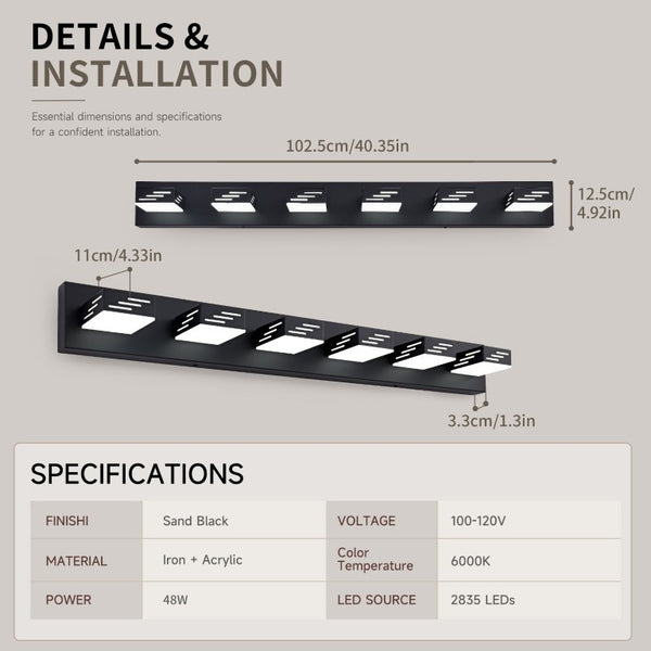 English Elm 6-Light LED Vanity Wall Fixture Matte Finish with Rotatable Heads for Modern Bath Black 40.4 inches W2312P558174