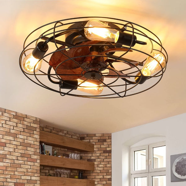 English Elm 19 Inch Farmhouse Flush Mount Ceiling Fan Matte Black Caged Industrial Low Profile Light W2312P588039