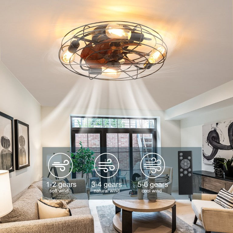 English Elm 19 Inch Farmhouse Flush Mount Ceiling Fan Matte Black Caged Industrial Low Profile Light W2312P588039