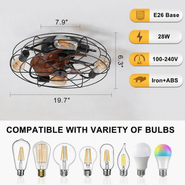 English Elm 19 Inch Farmhouse Flush Mount Ceiling Fan Matte Black Caged Industrial Low Profile Light W2312P588039