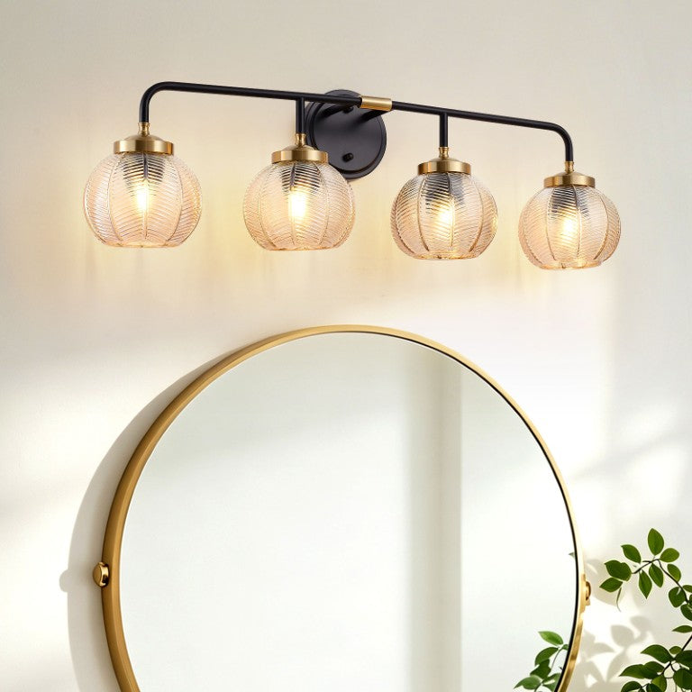 English Elm Bathroom Vanity Light Four Bulb Amber Leaf Glass Shade Matte Black Gold Wall Fixture W2312P588717