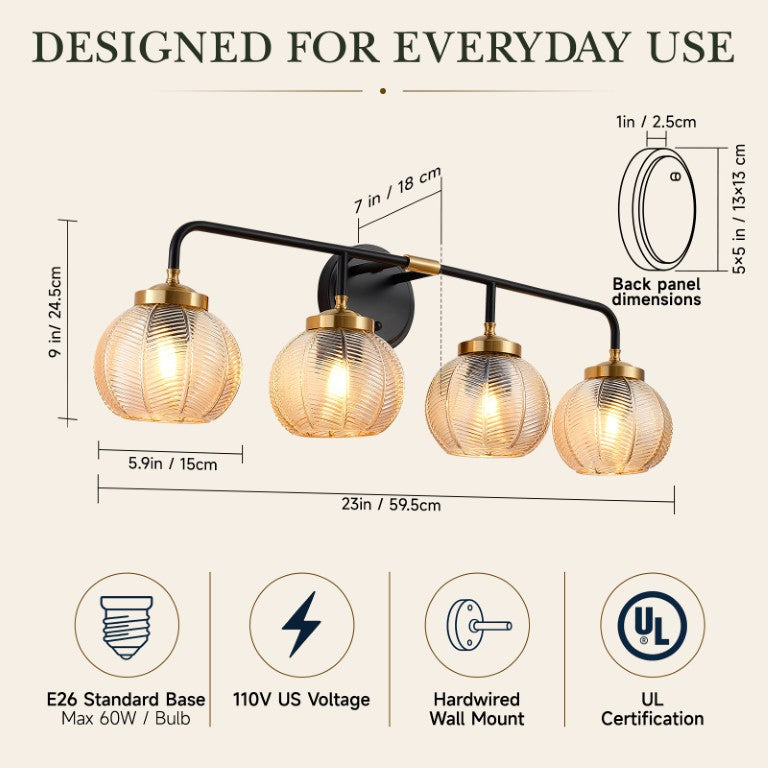 English Elm Bathroom Vanity Light Four Bulb Amber Leaf Glass Shade Matte Black Gold Wall Fixture W2312P588717
