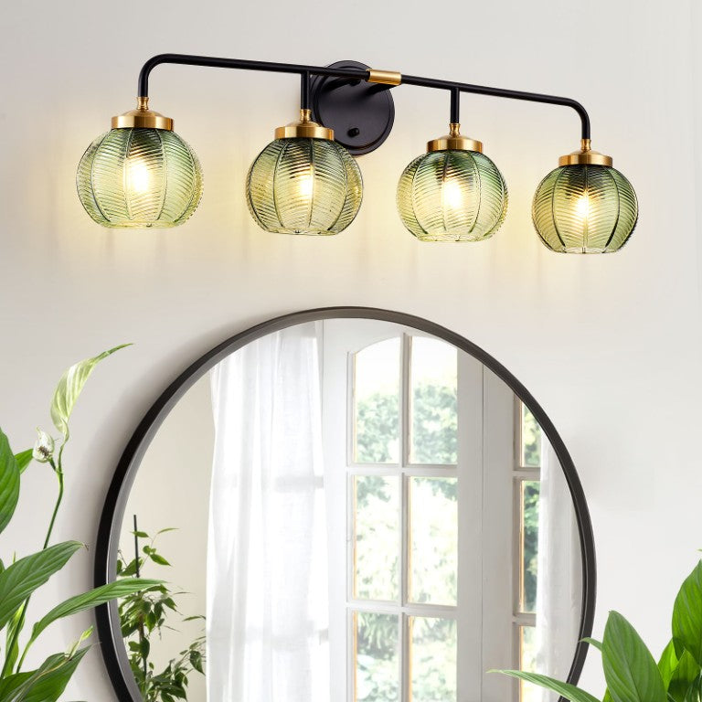English Elm 4-Lights Botanical Vanity Sconce Matte Black Gold Frame Leaf Glass Shades Mid-Century Bath W2312P588855