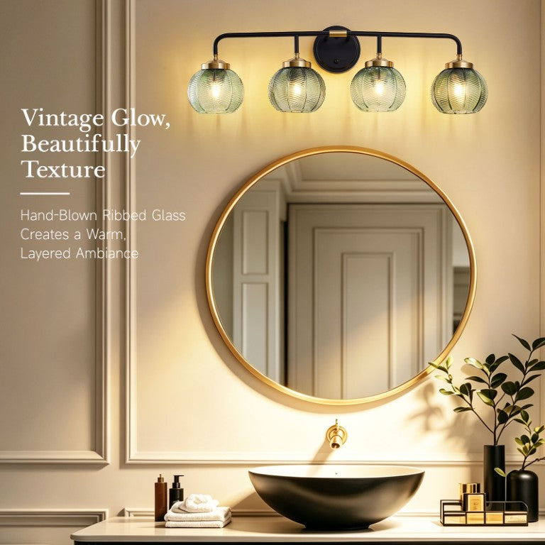 English Elm 4-Lights Botanical Vanity Sconce Matte Black Gold Frame Leaf Glass Shades Mid-Century Bath W2312P588855