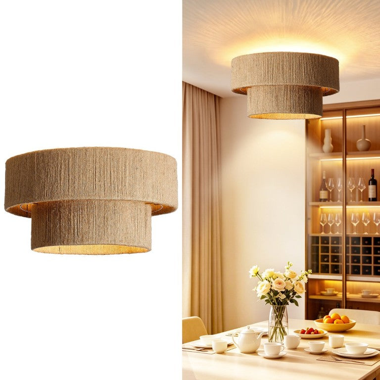 English Elm Bohemian Jute Rope Flush Mount Light Woven Drum Shade Iron Base for Farmhouse Rooms W2312P599016
