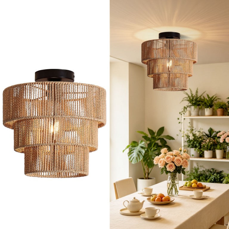 English Elm 3-Tier Woven Paper Rope Flush Mount Bohemian Ceiling Lamp with Black Iron Base W2312P603815