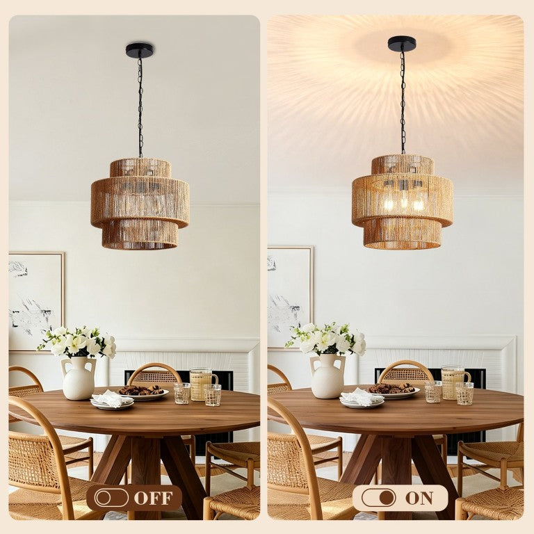 English Elm 3-Tier Hand-Woven Rattan Chandelier Boho Farmhouse Pendant for Dining or Kitchen Island W2312P603817