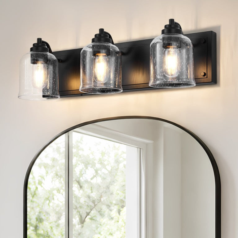 English Elm 3-Light Industrial Farmhouse Vanity Fixture Matte Black Iron with Seeded Glass Bath Sconce W2312P605620