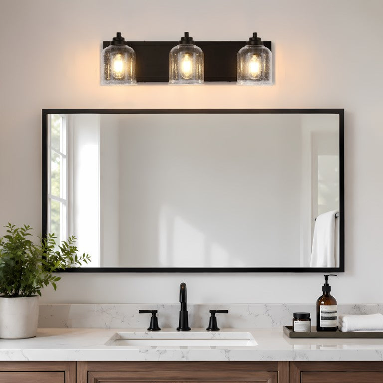 English Elm 3-Light Industrial Farmhouse Vanity Fixture Matte Black Iron with Seeded Glass Bath Sconce W2312P605620