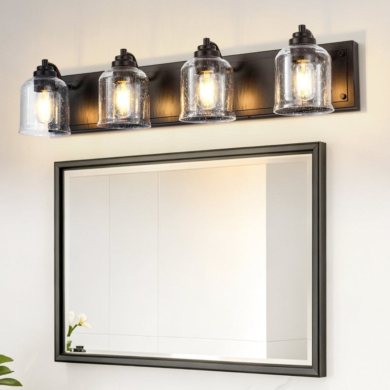 English Elm 4-Light Industrial Farmhouse Vanity Bar Seeded Glass Matte Black Iron Bathroom Sconce W2312P605621